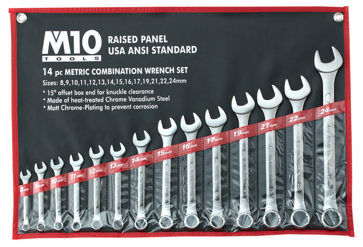 M10 14 pcs Raised Panel Metric Combination wrench set 8-24mm (Bag)