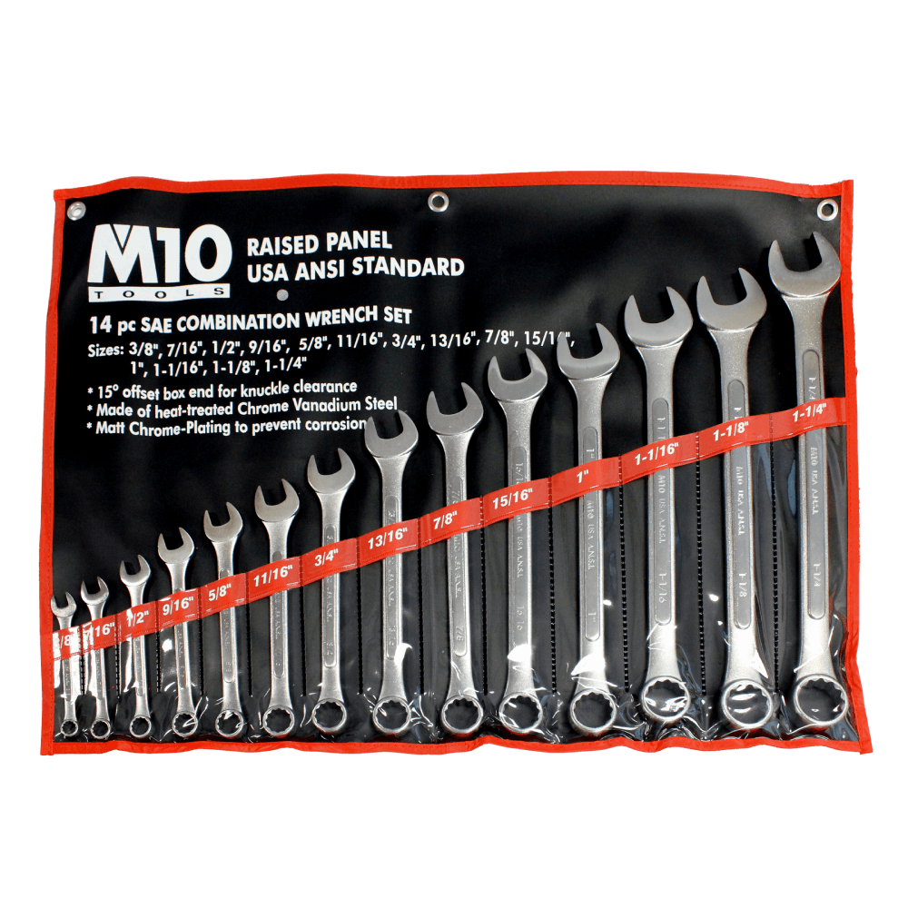 M10 14 pcs Raised Panel Inches Combination wrench set 3/8"-1-1/4" (Bag)