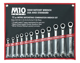 M10 12 pcs Gear Ratchet Metric Combination wrench set 8-19mm (Bag)