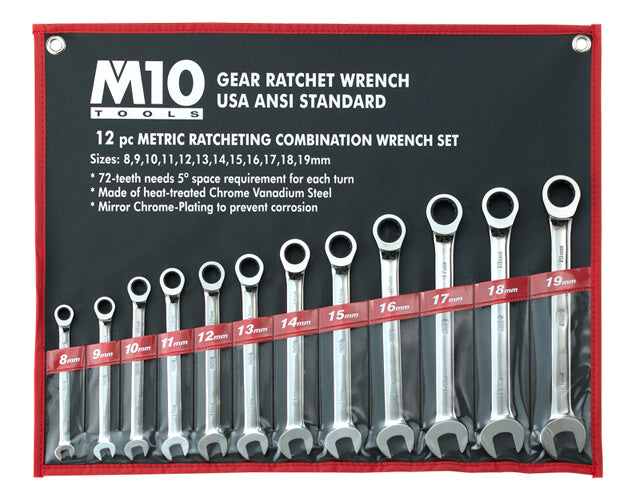 M10 12 pcs Gear Ratchet Metric Combination wrench set 8-19mm (Bag)