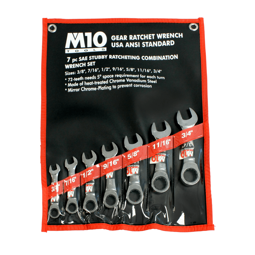 M10 7 pcs Stubby Gear Ratchet Inches Combination wrench set 3/8"-3/4" (Bag)