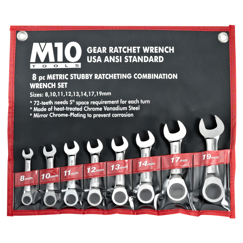 M10 8 pcs Stubby Gear Ratchet Metric Combination wrench set 8-19mm (Bag)