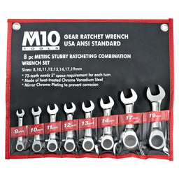 M10 8 pcs Stubby Gear Ratchet Metric Combination wrench set 8-19mm (Bag)