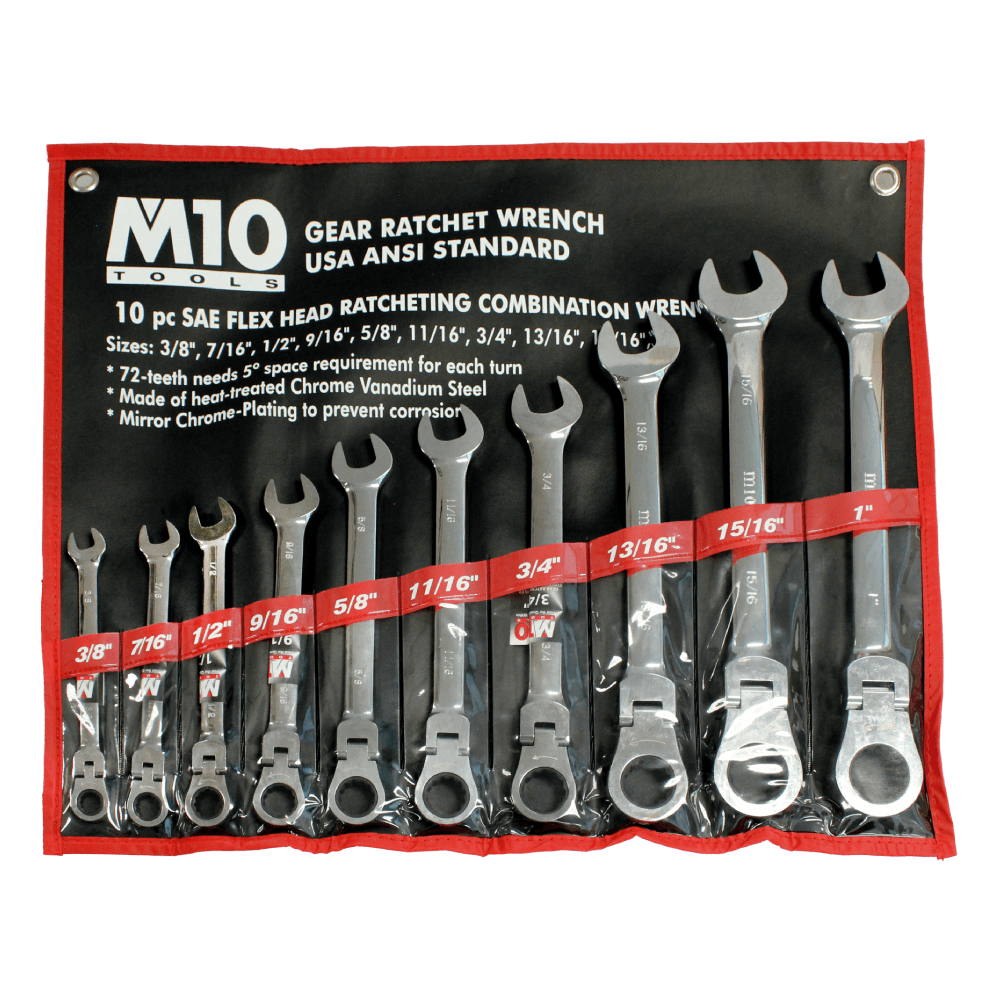 M10 10 pcs Flexible Gear Ratchet Inches Combination wrench set 3/8"-1" (Bag)